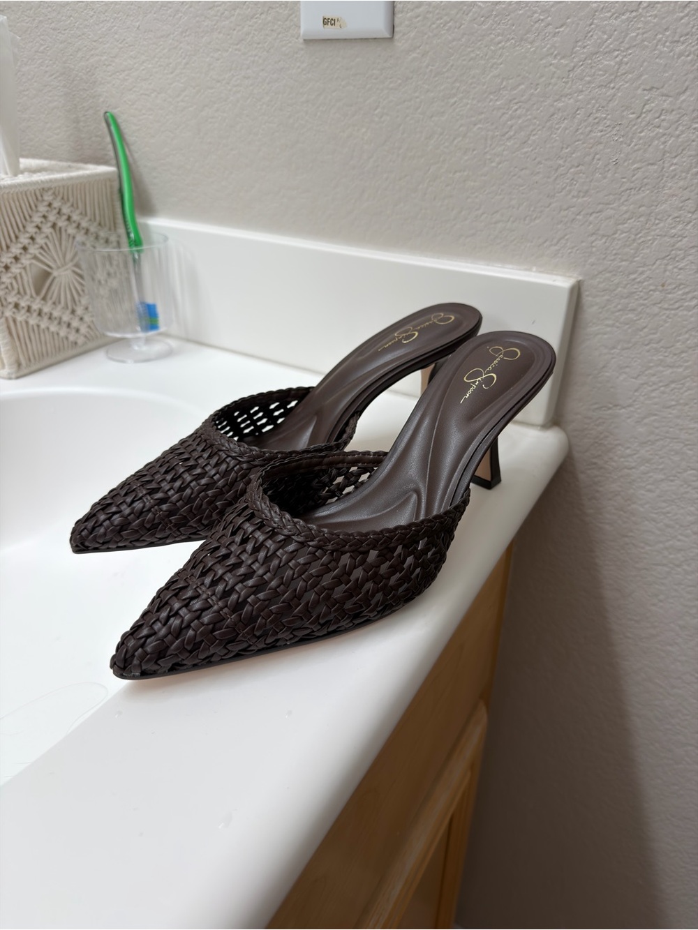 Jessica Simpson Dark Brown Woven Pointed-Toe Mule Heels